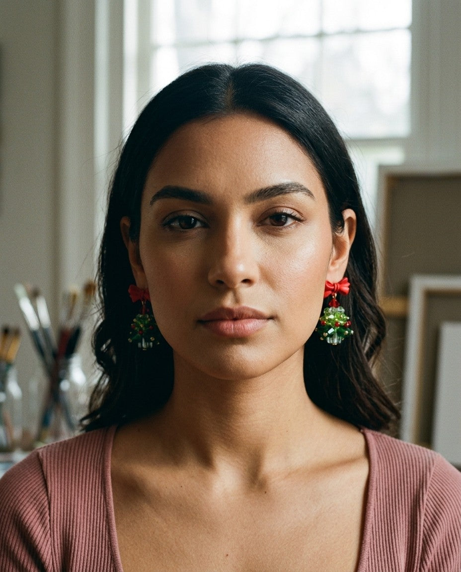 [AI-GEN] Vintage Christmas Tree Bow Earrings