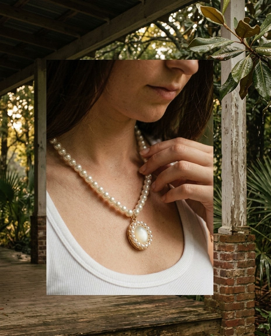 [AI-GEN] Pearl and Cat's Eye Stone Chain Necklace