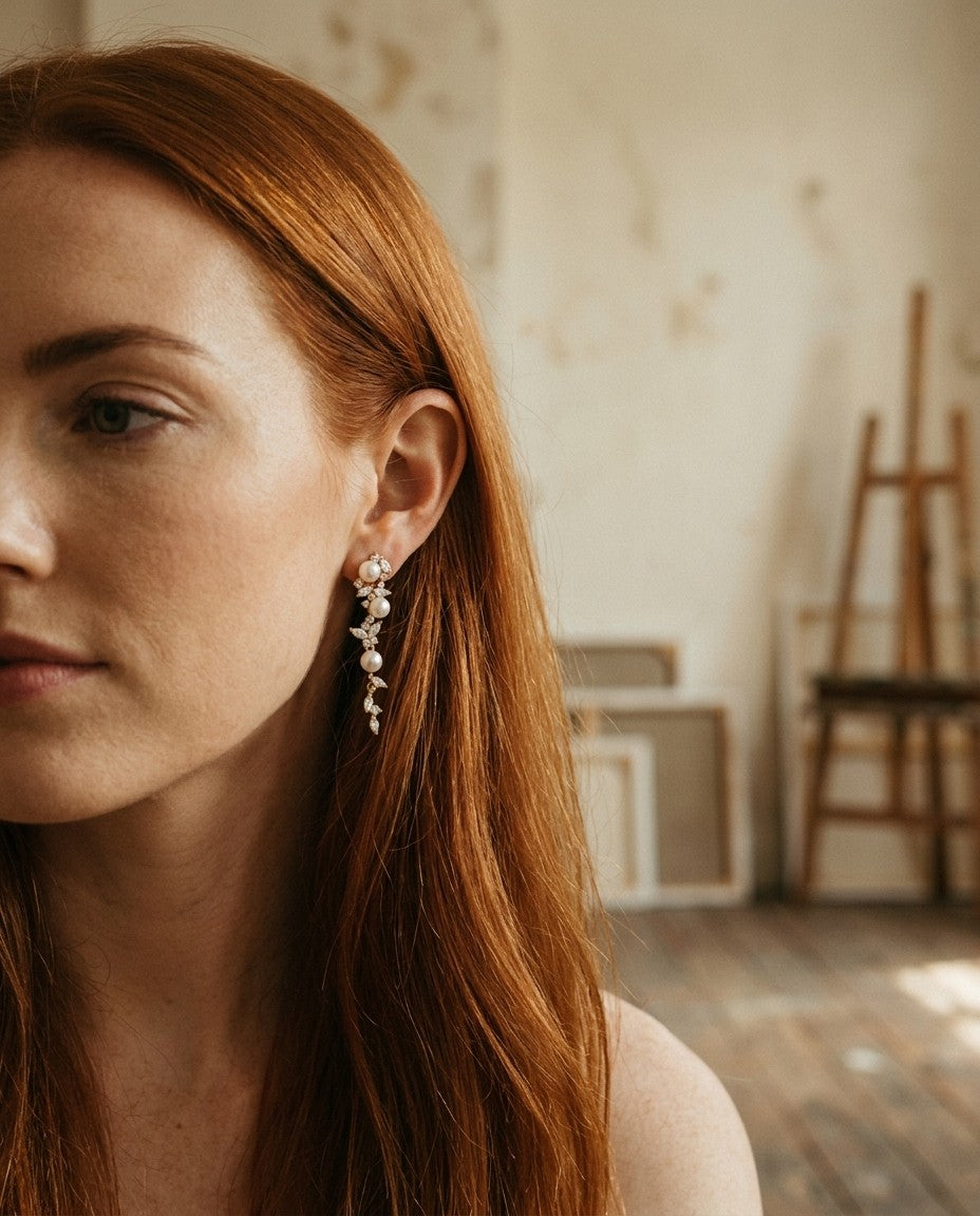 [AI-GEN] Zircon Leaf Pearl Tassel Dangle Earrings