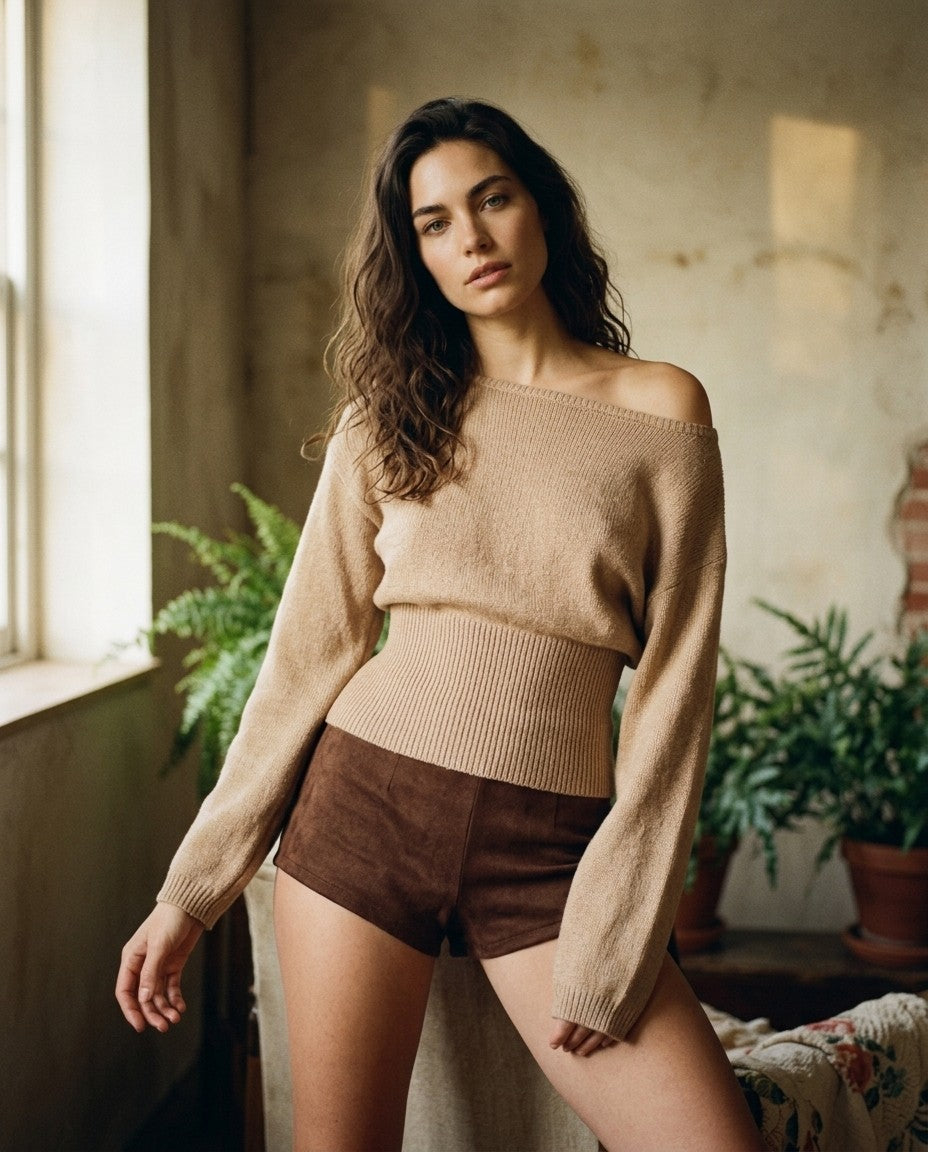 [AI-GEN] STM Fit-in Waistline One-Shoulder Knit Sweater Top