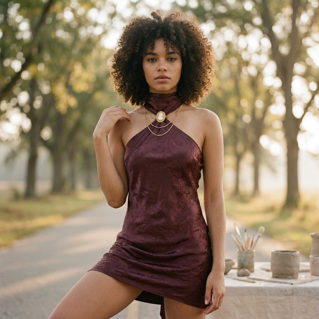 [AI-GEN] STM Gleam Scarf Bias Cut Mini Dress