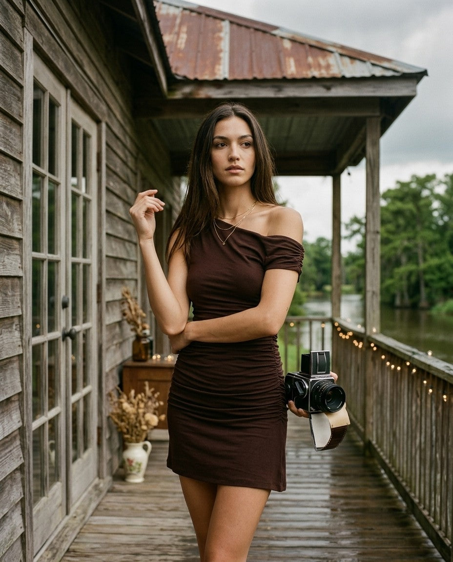 [AI-GEN] STM Asymmetric Shoulder Line Ruched Mini Dress