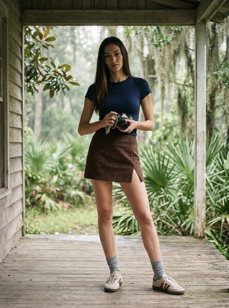 [AI-GEN] STM Suede Solid Color One-Side Slit Mini Skort