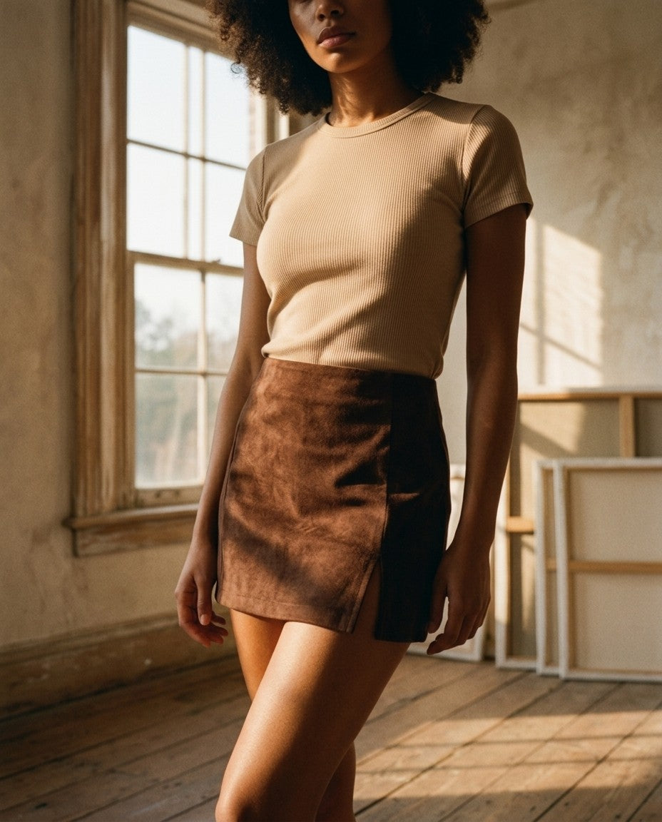 [AI-GEN] STM Suede Solid Color One-Side Slit Mini Skort