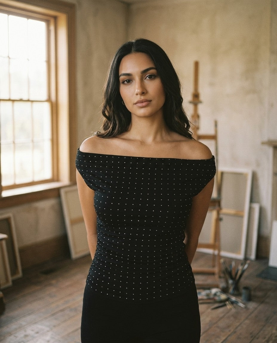 [AI-GEN] Off the Shoulder Top with Rhinestones