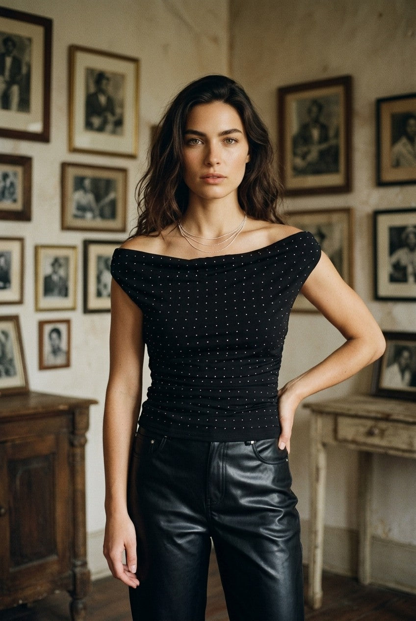 [AI-GEN] Off the Shoulder Top with Rhinestones