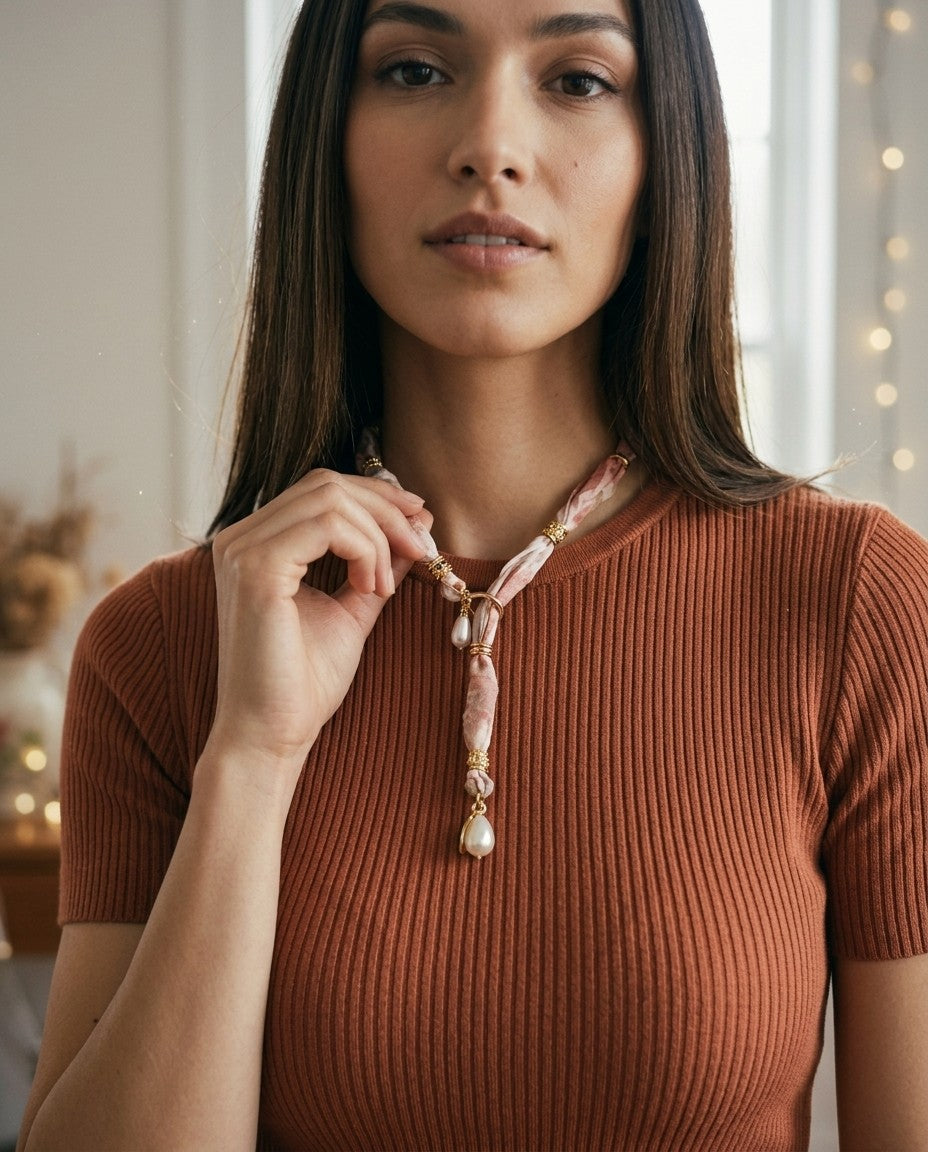 [AI-GEN] Handmade Chiffon & Pearl Lariat Necklace