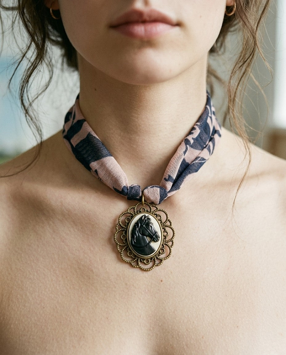 [AI-GEN] OOAK Scarf Necklace w/ Horse Head Cameo