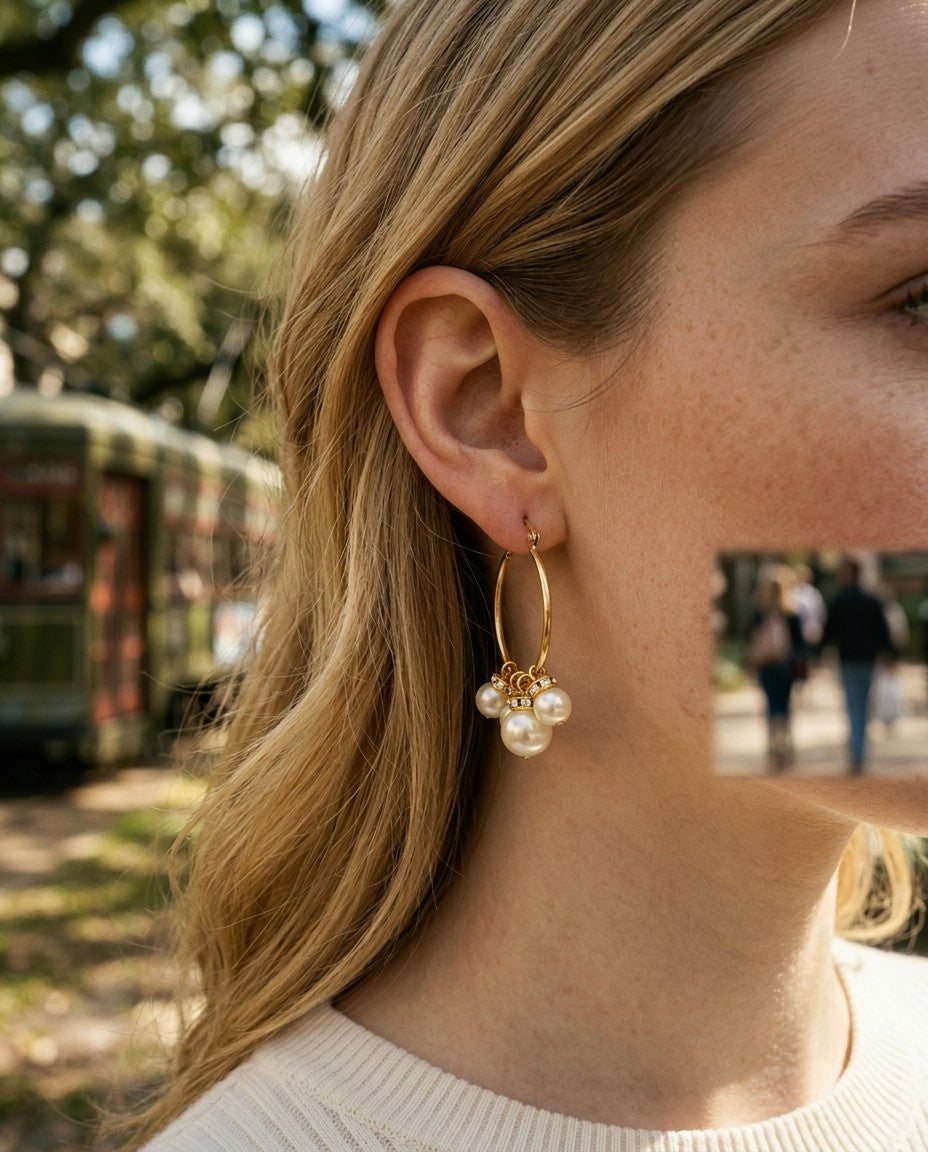 [AI-GEN] Glass Pearl Medium Hoop Earrings