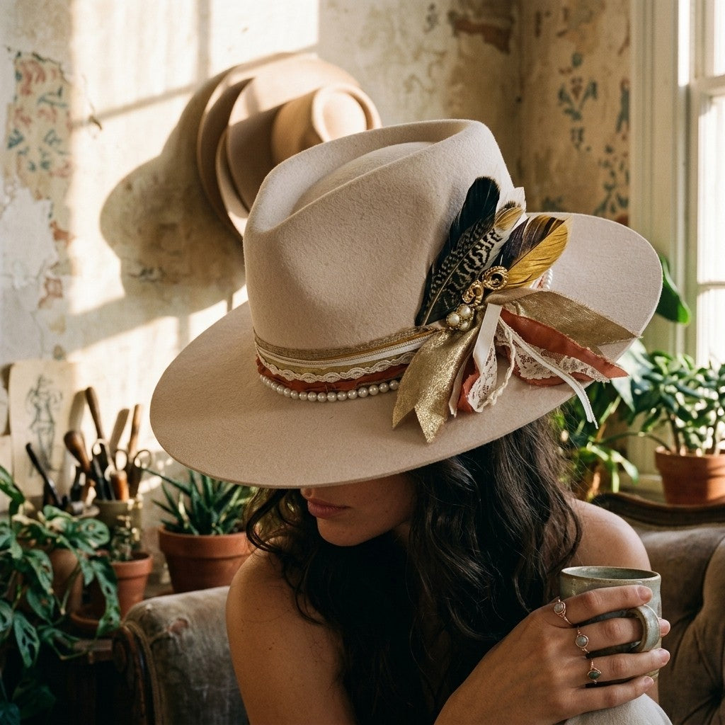 [AI-GEN] OOAK Champagne Dreams 100% Wool & Ribbon Stiff Bring Hat