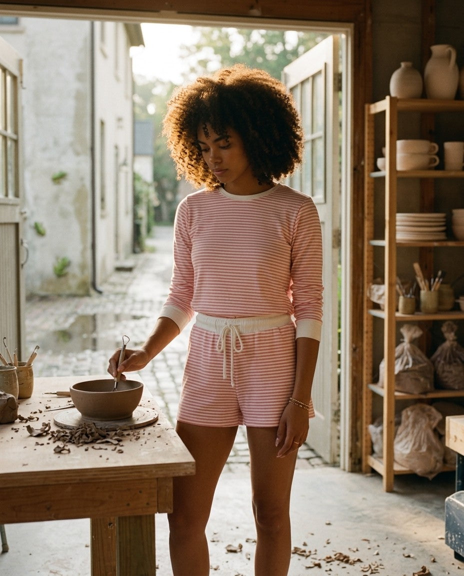 [AI-GEN] Vintage Havana Striped Cloud Fleece Short