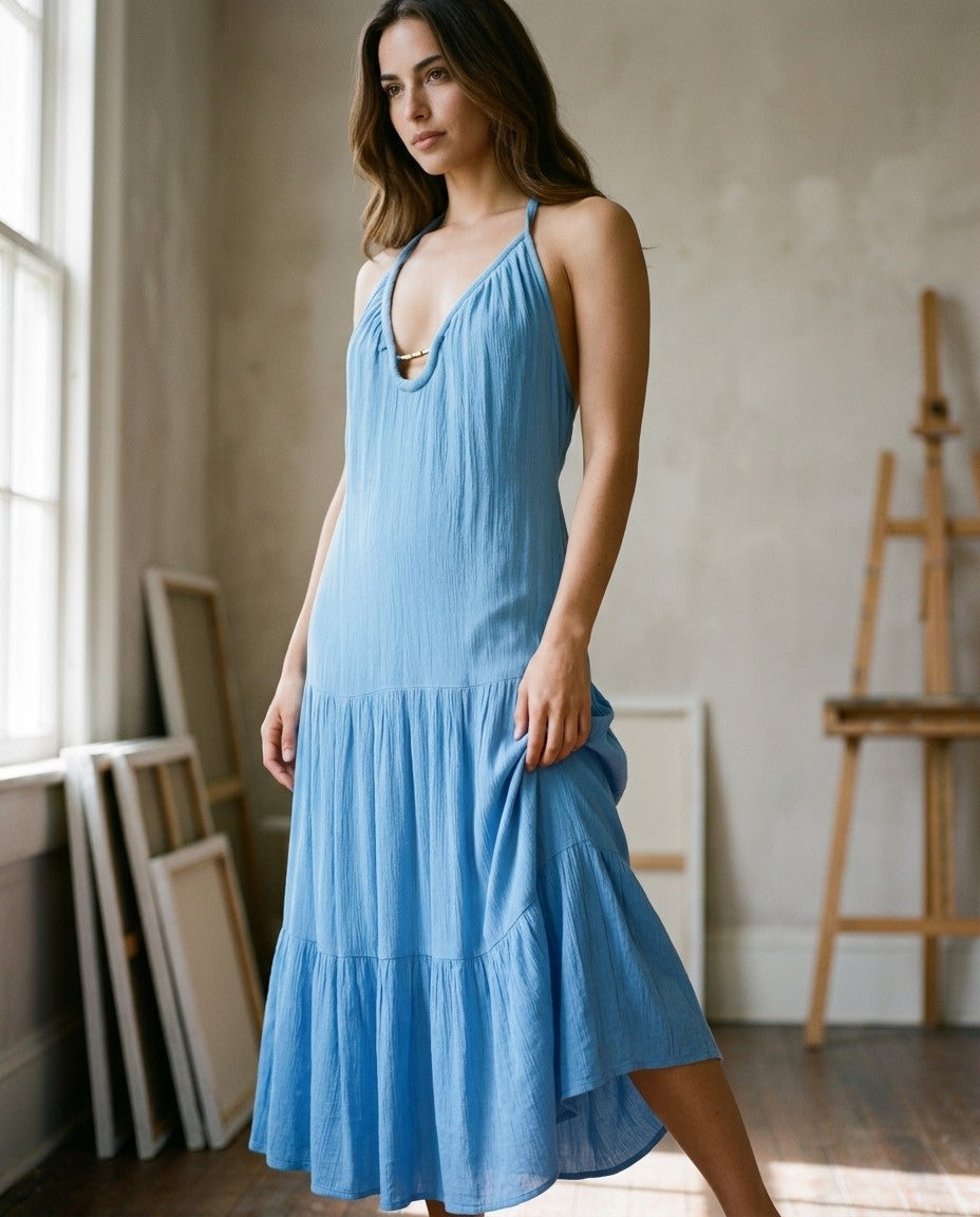 [AI-GEN] Surf Gypsy Halter Dress with Gold Trim Detail