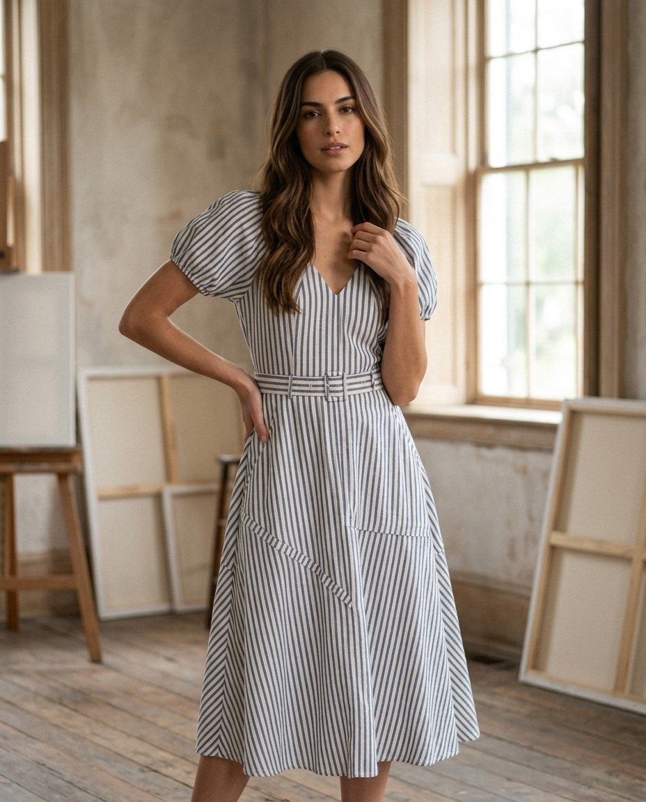 [AI-GEN] Navy Stripe Puff Sleeve Dress with Belt