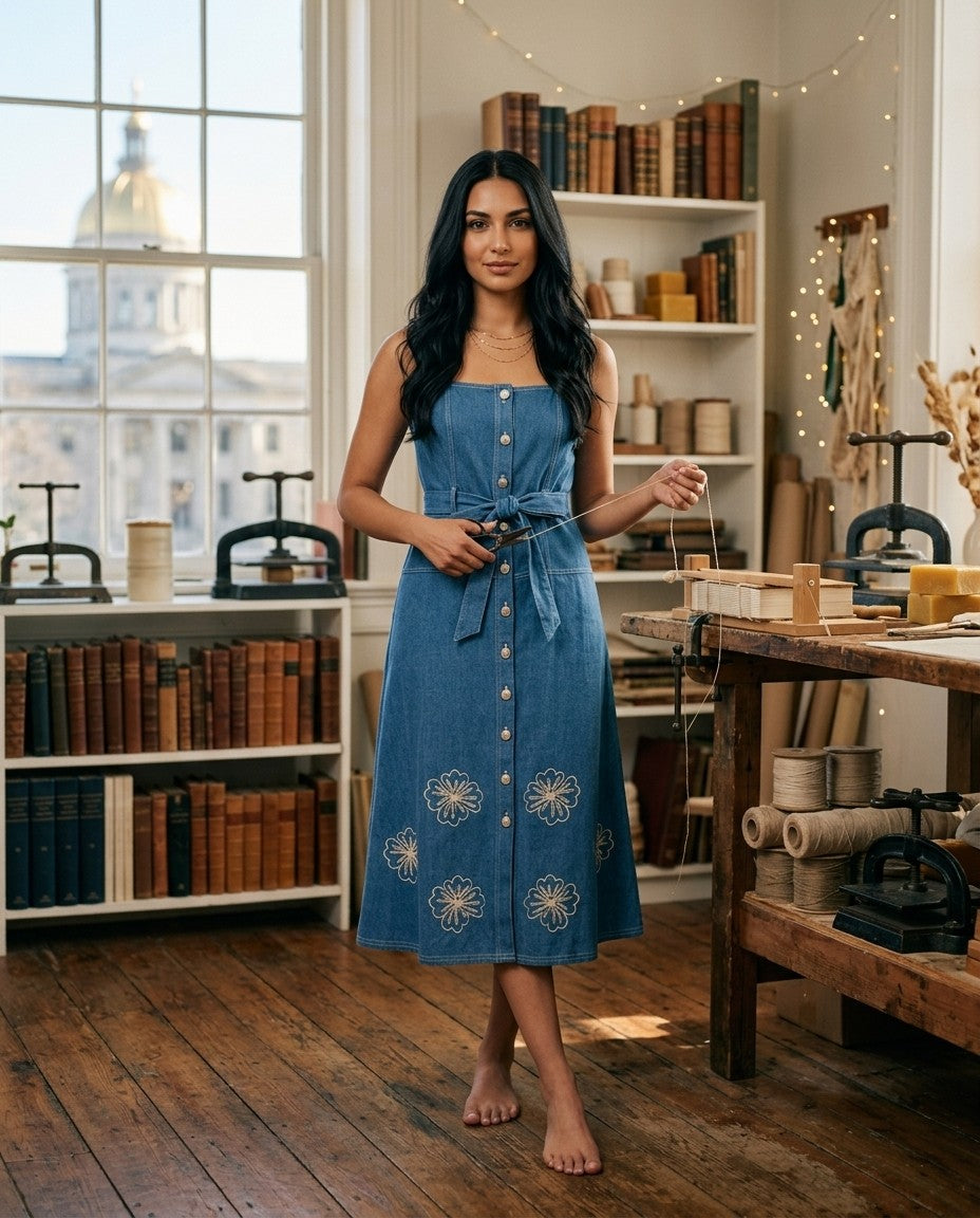 [AI-GEN] Zoe and Claire Sleeveless Denim Dress with Embriodery