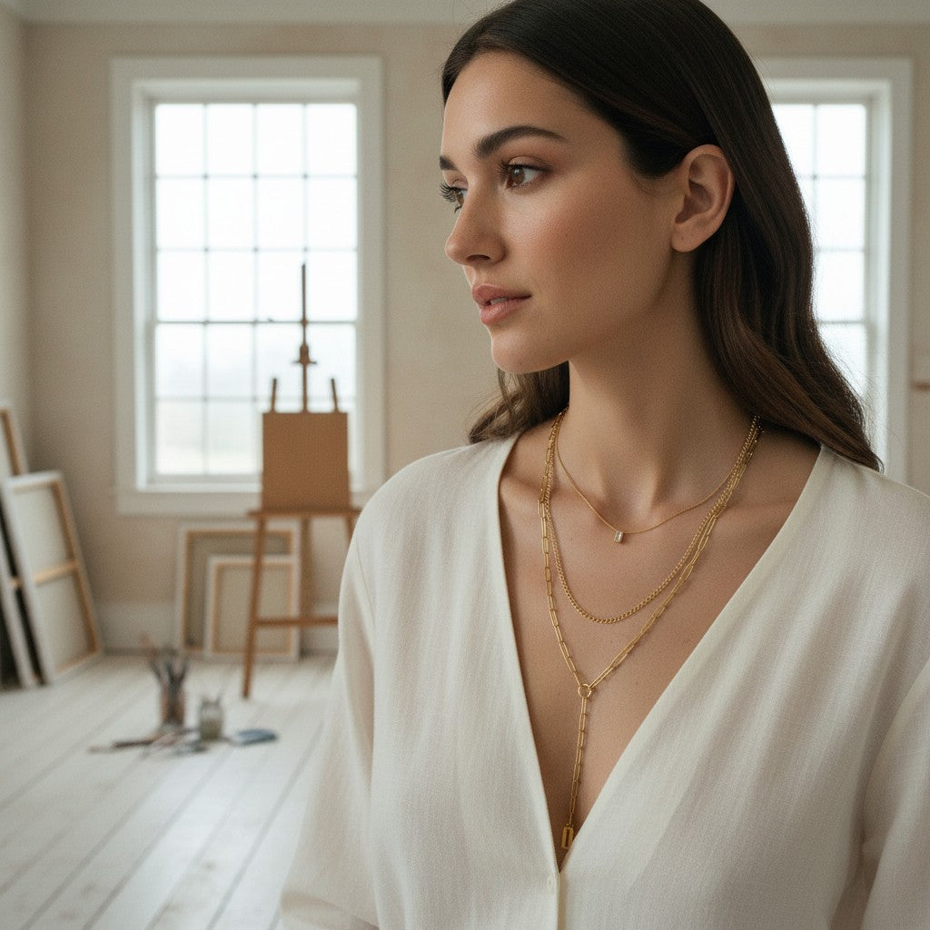 [AI-GEN] Zircon Charm 18K Gold Plated Ss 3 Layer Y-Neck Necklace