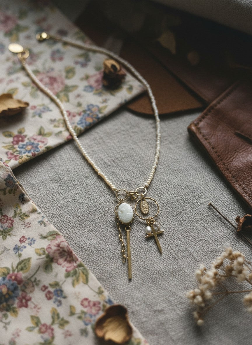[AI-GEN] OOAk Mini Pearl Charm Necklace