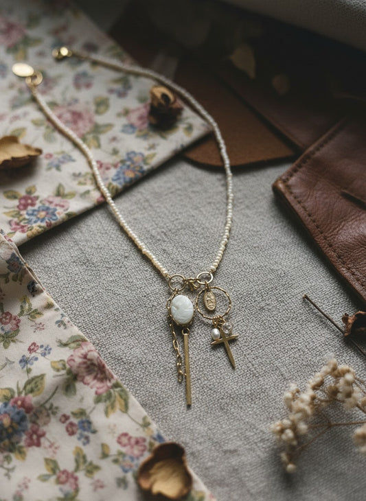 [AI-GEN] OOAk Mini Pearl Charm Necklace