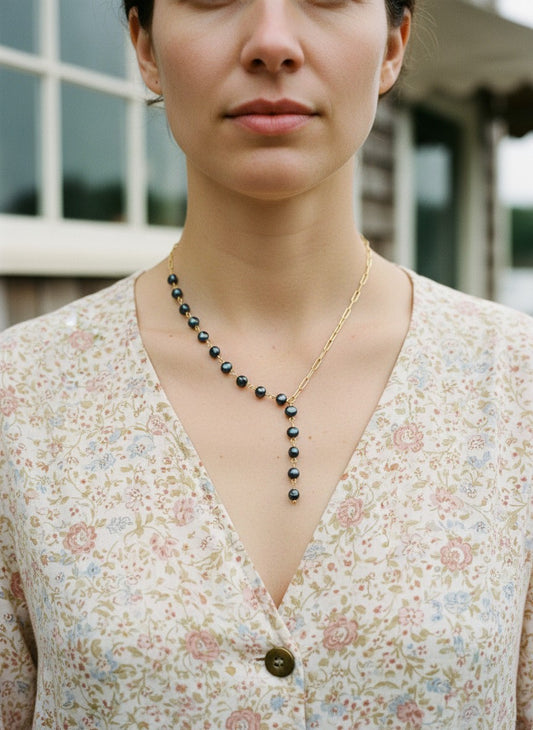 [AI-GEN] Handmade Navy Freshwater Pearl Lariat Necklace