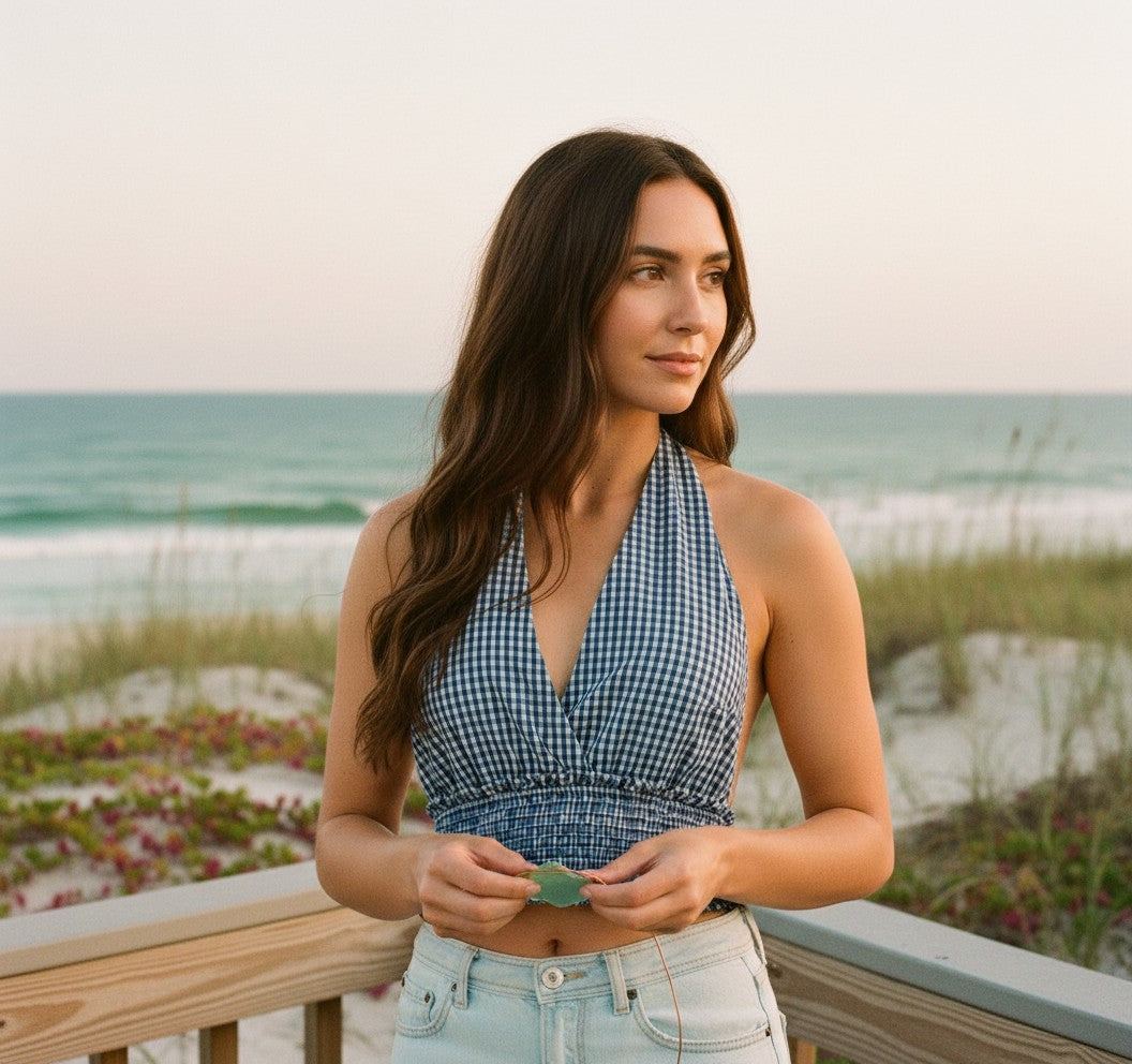 [AI-GEN] Vintage Havana Woven Smock Waist Halter Top
