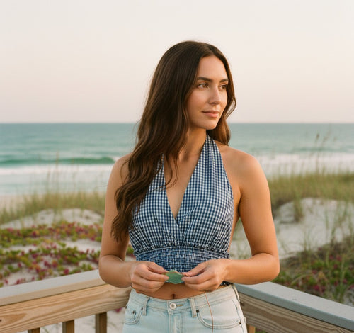 [AI-GEN] Vintage Havana Woven Smock Waist Halter Top
