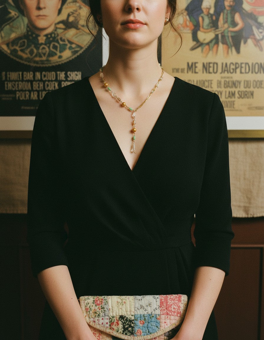 [AI-GEN] OOAK Vintage Glass, Citrine & Pearls Lariat Necklace
