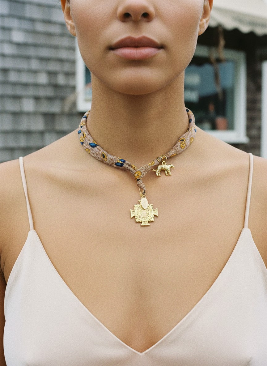 [AI-GEN] OOAK Designer 'Loewe' Silk Tie Cross Lariat Scarf Necklace