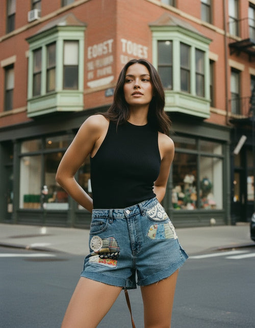 [AI-GEN] OOAK Quilt Square Patch High Waisted Cut-Offs