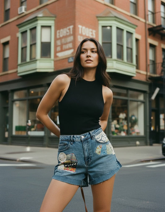 [AI-GEN] OOAK Quilt Square Patch High Waisted Cut-Offs