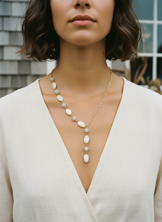 [AI-GEN] Handmade Shell & Blue Jasper Lariat Necklace