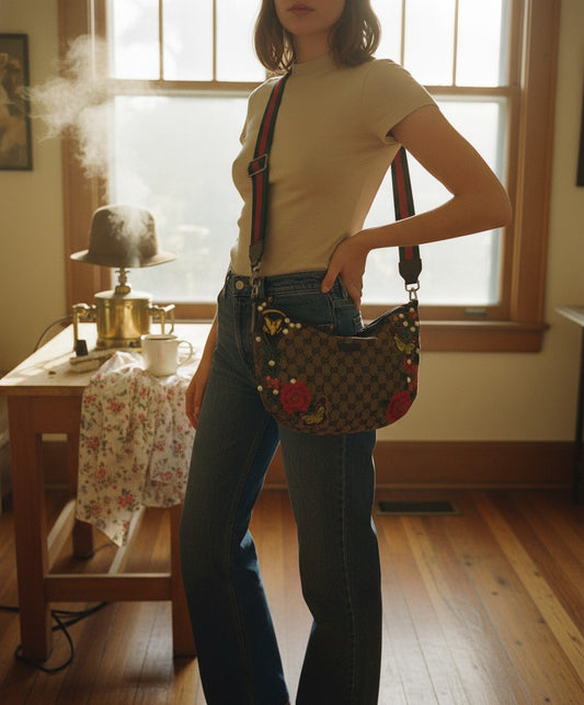 [AI-GEN] OOAK Vintage Gucci Pearl & Flower Patch Purse