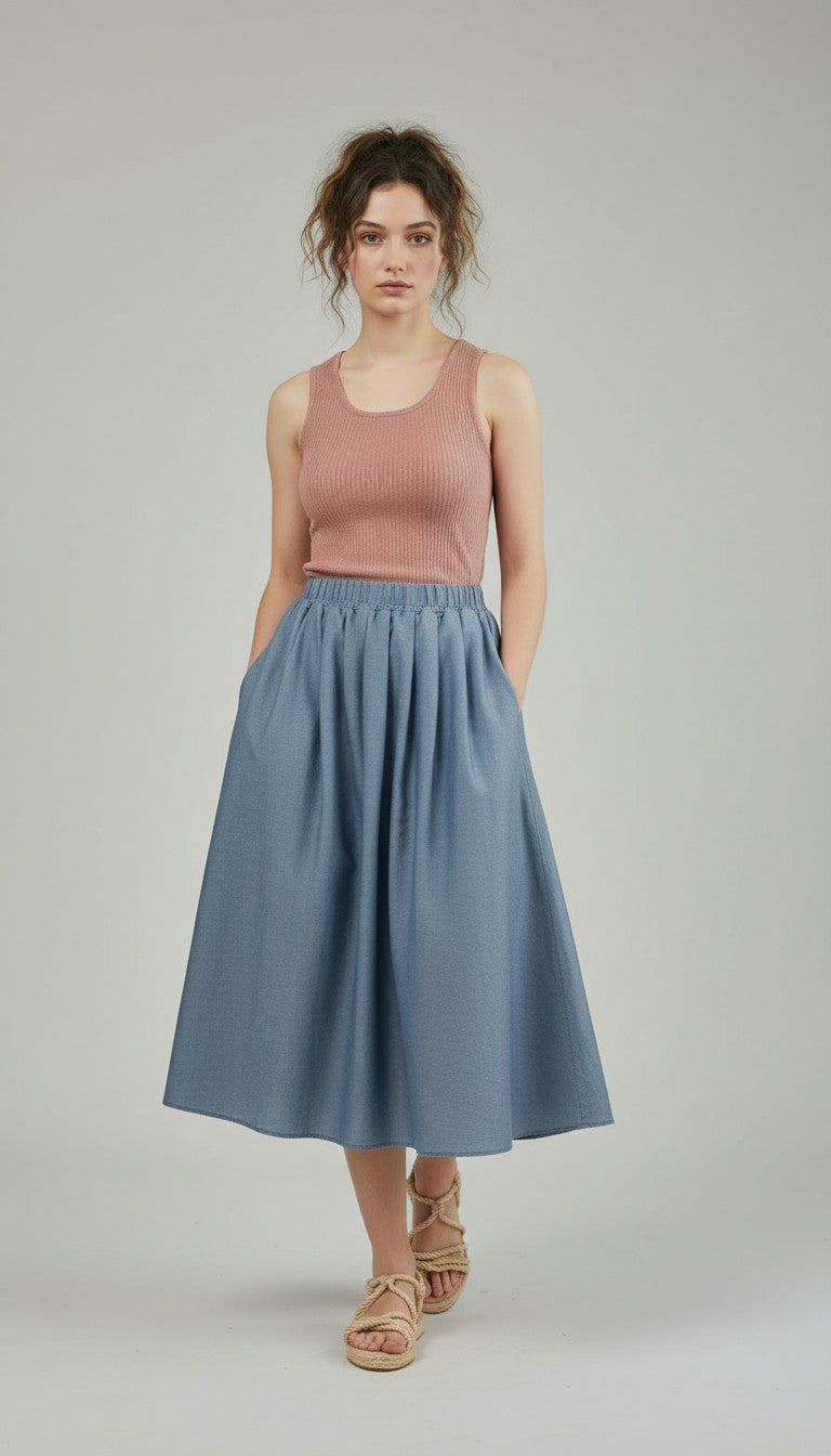 [AI-GEN] Chambray Pleated Midi Skirt