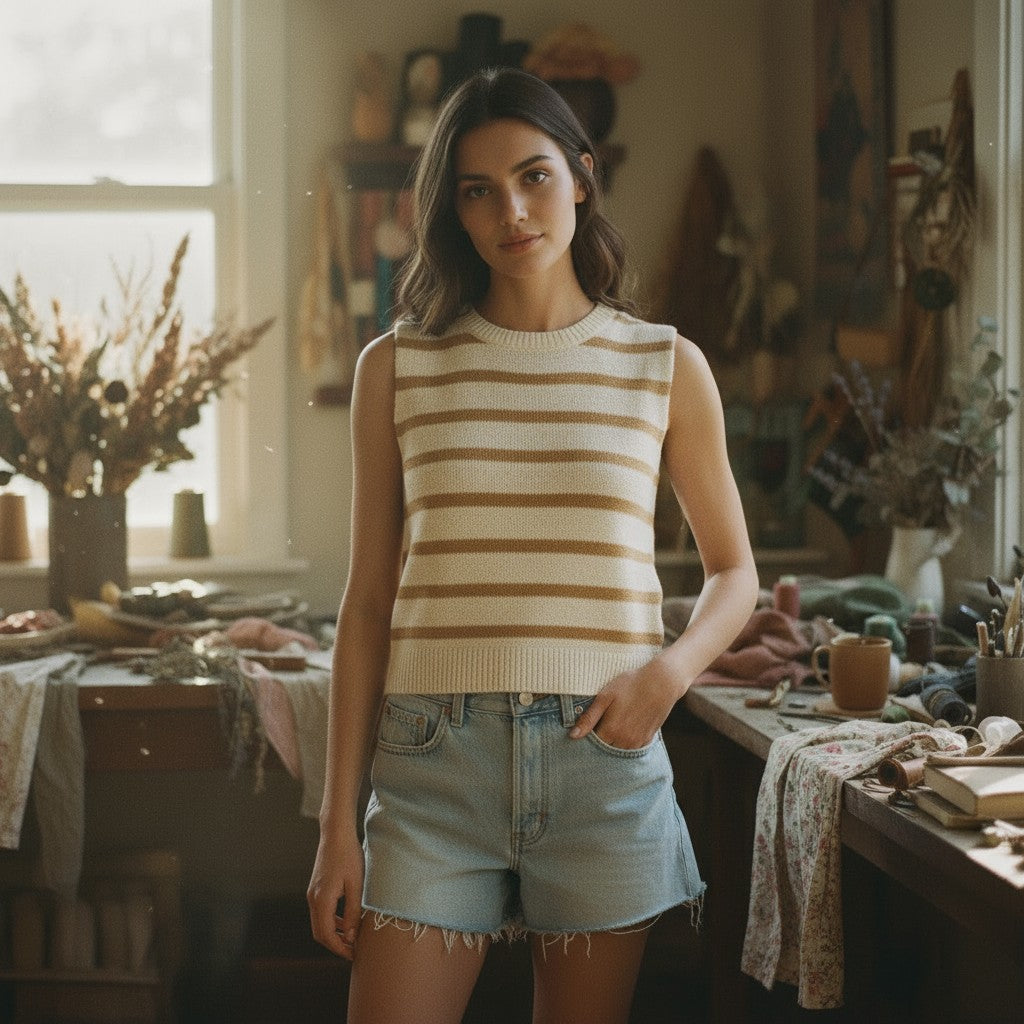 [AI-GEN] Stripe Back Tie Sleeveless Knit Sweater