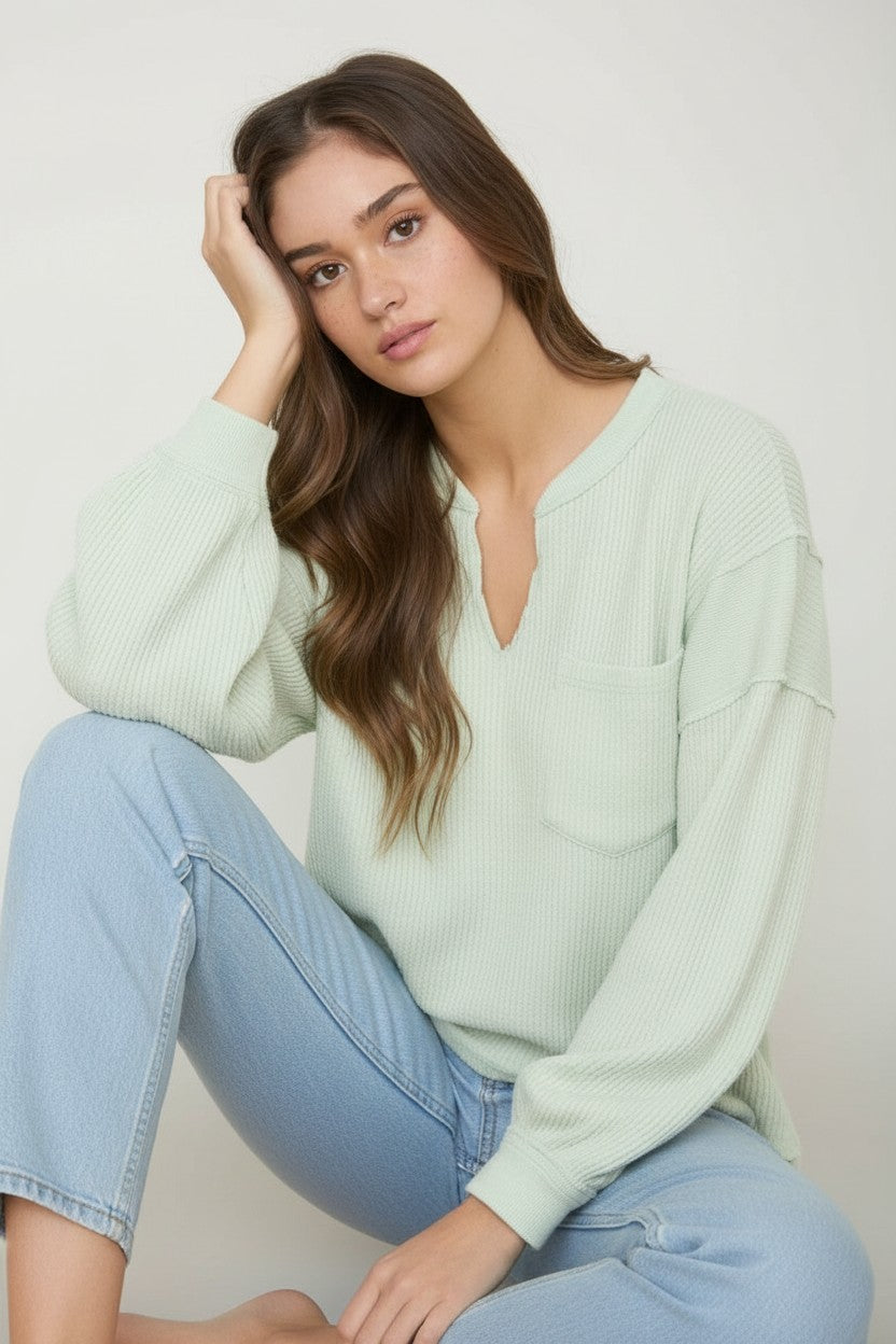 [AI-GEN] Split Neck Raw Edge Long Sleeve Ribbed Top