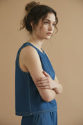 [AI-GEN] Chambray Back Half Button Detail Crop Top