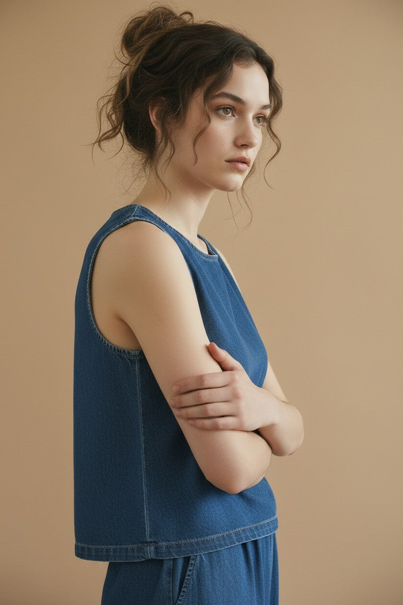 [AI-GEN] Chambray Back Half Button Detail Crop Top
