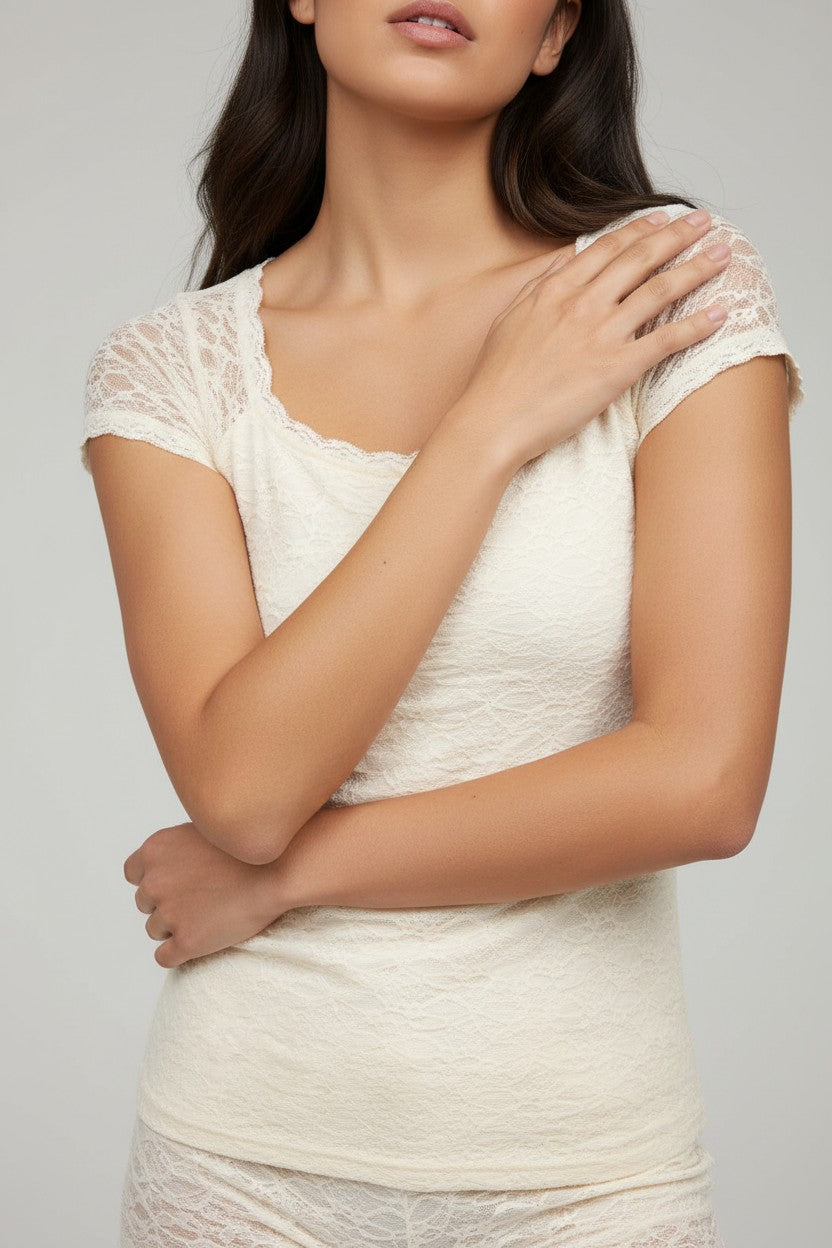 [AI-GEN] Lace Front Bow Detail Short Sleeve Knit Top