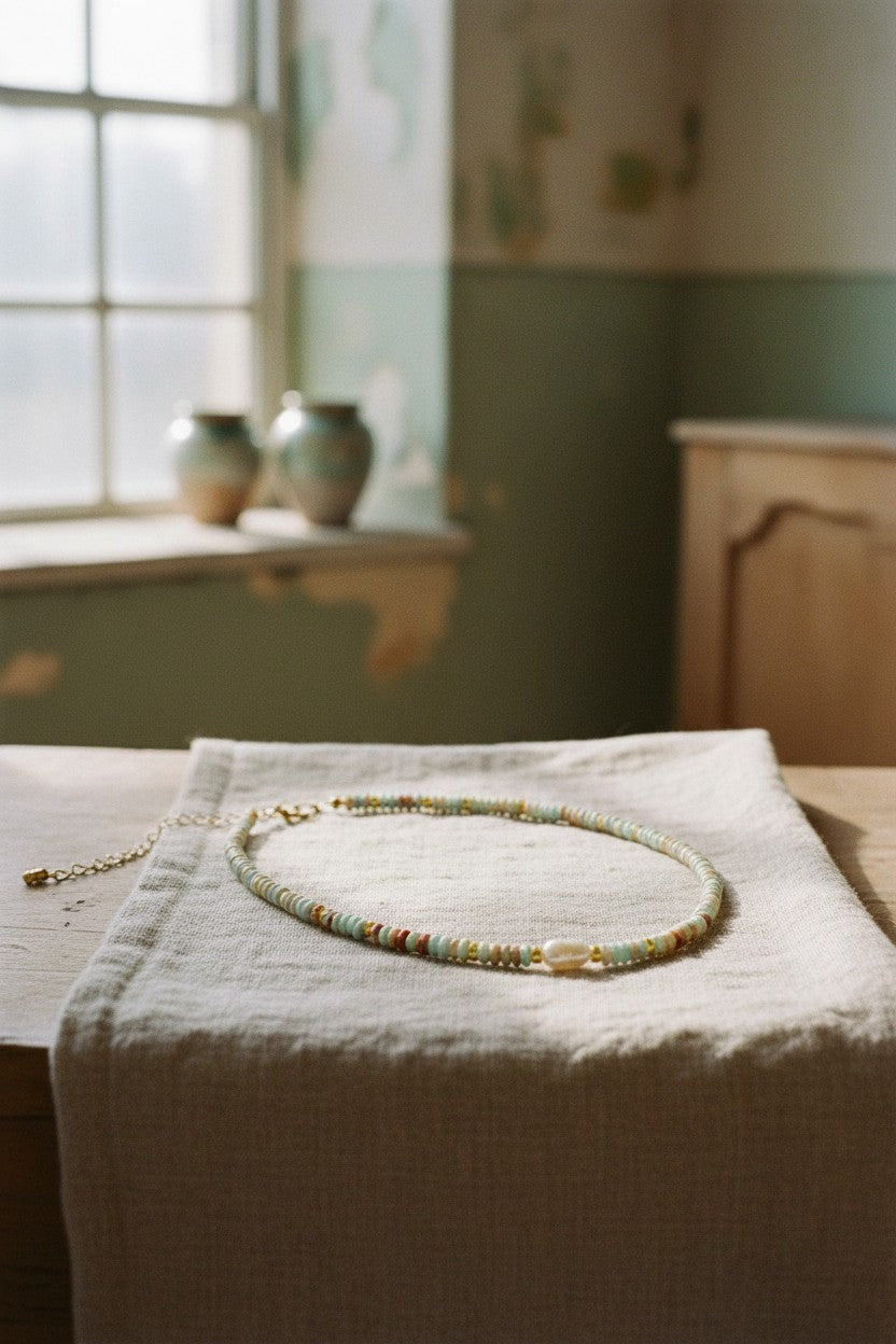 [AI-GEN] Earth Tones and Metallic Beaded Necklace