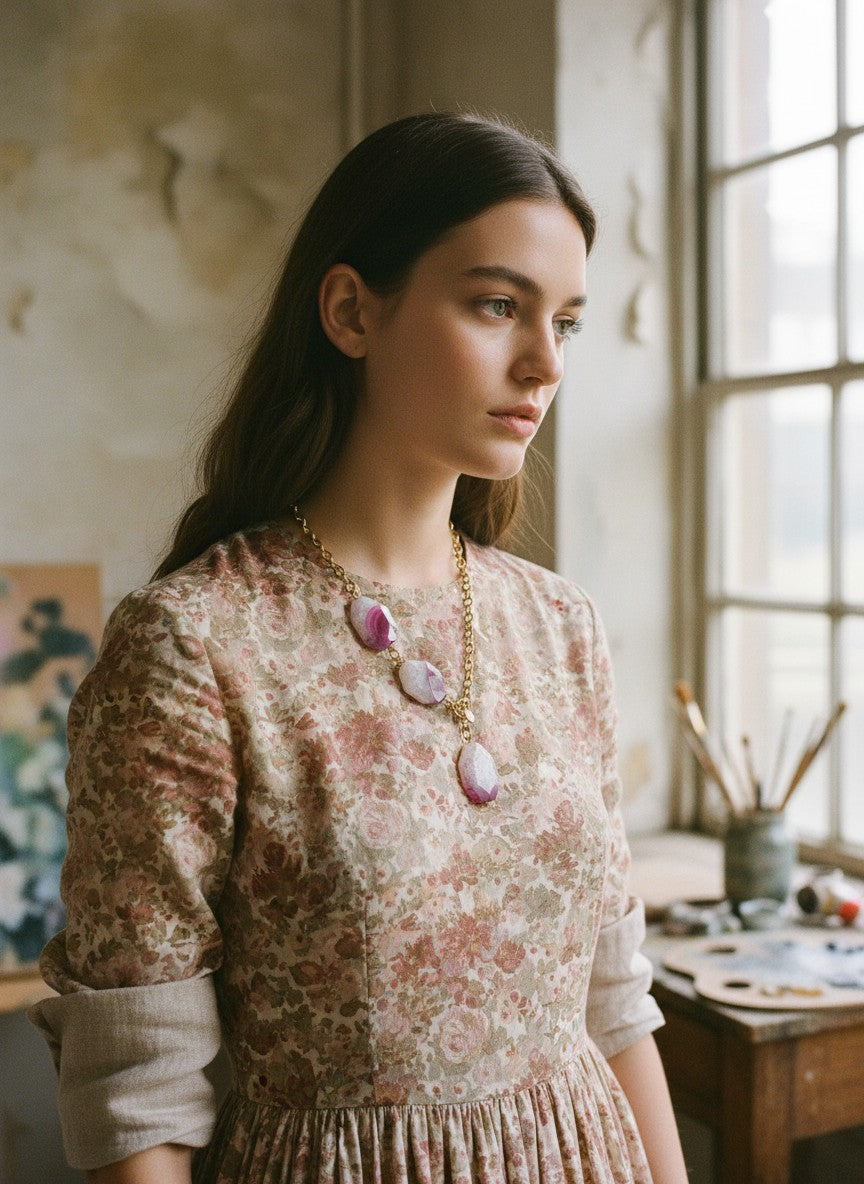 [AI-GEN] Handmade Dyed Hot Pink Agate Lariat Necklace