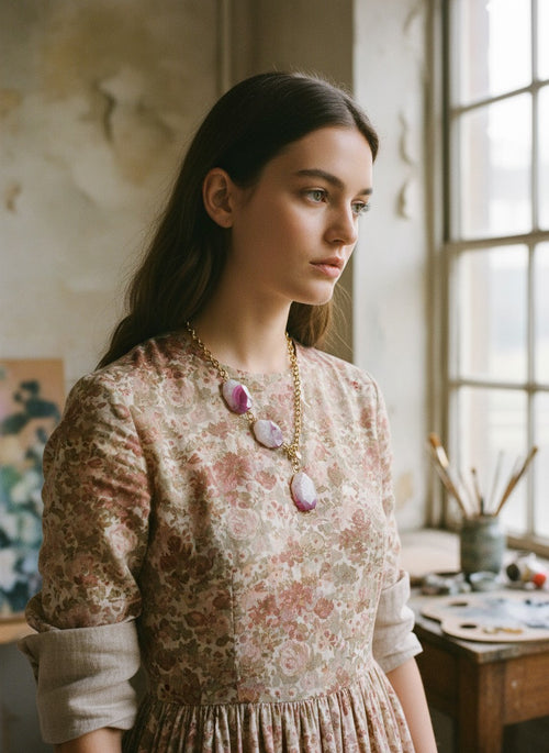 [AI-GEN] Handmade Dyed Hot Pink Agate Lariat Necklace