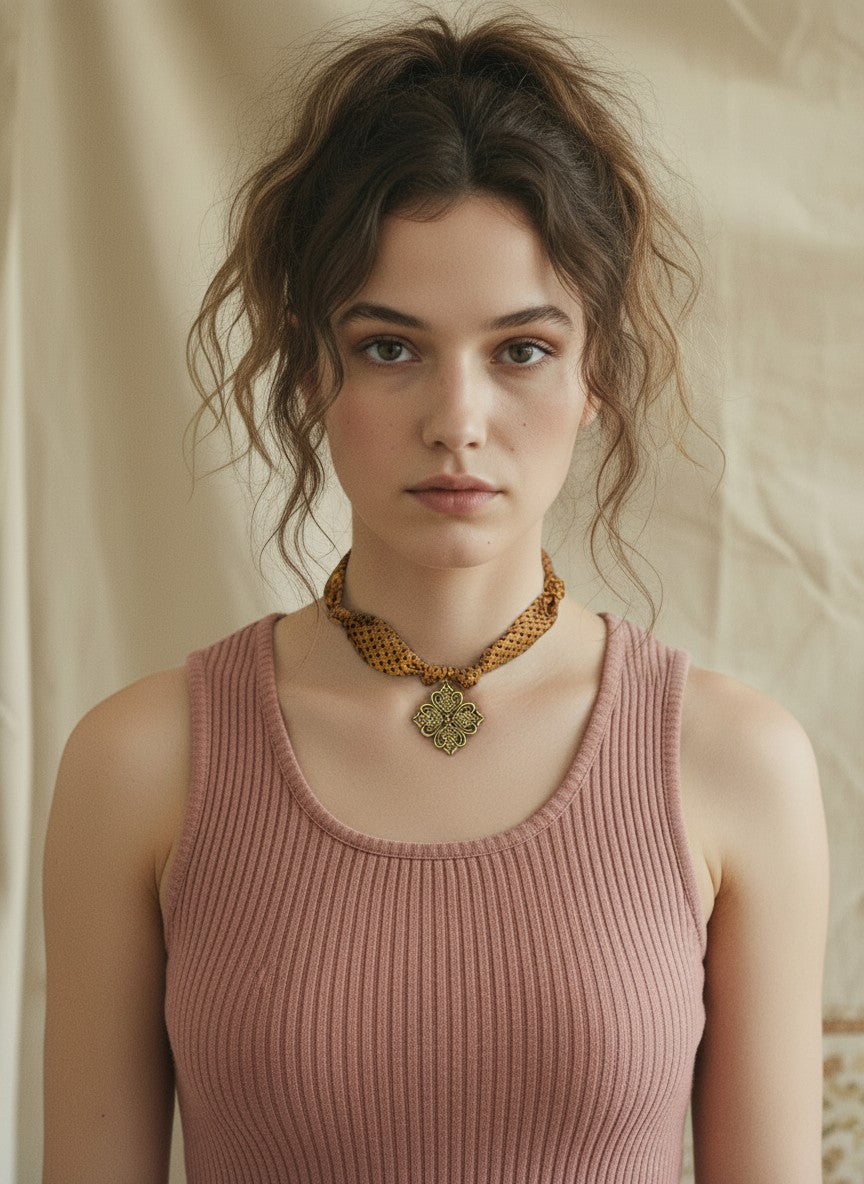 [AI-GEN] OOAK Vintage Tie Medallion Scarf Necklace