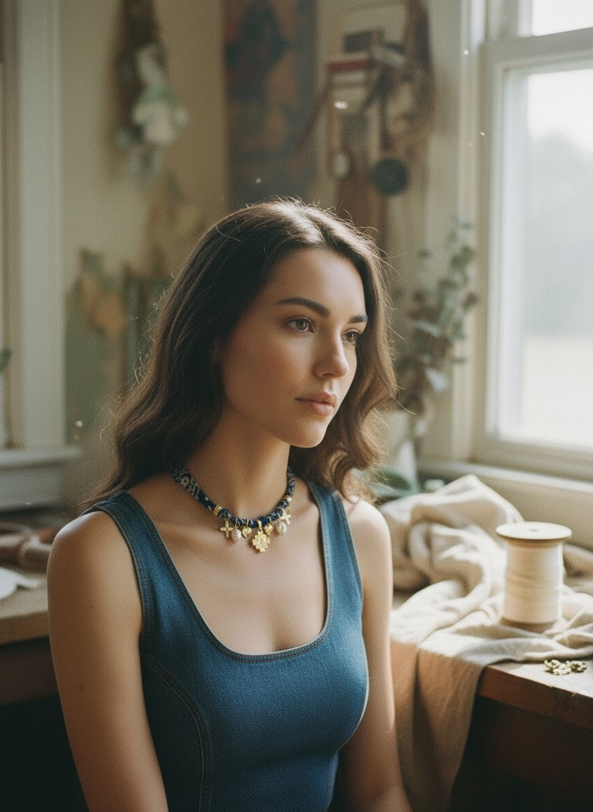 [AI-GEN] Cross Pearl & Heart Bandana Necklace