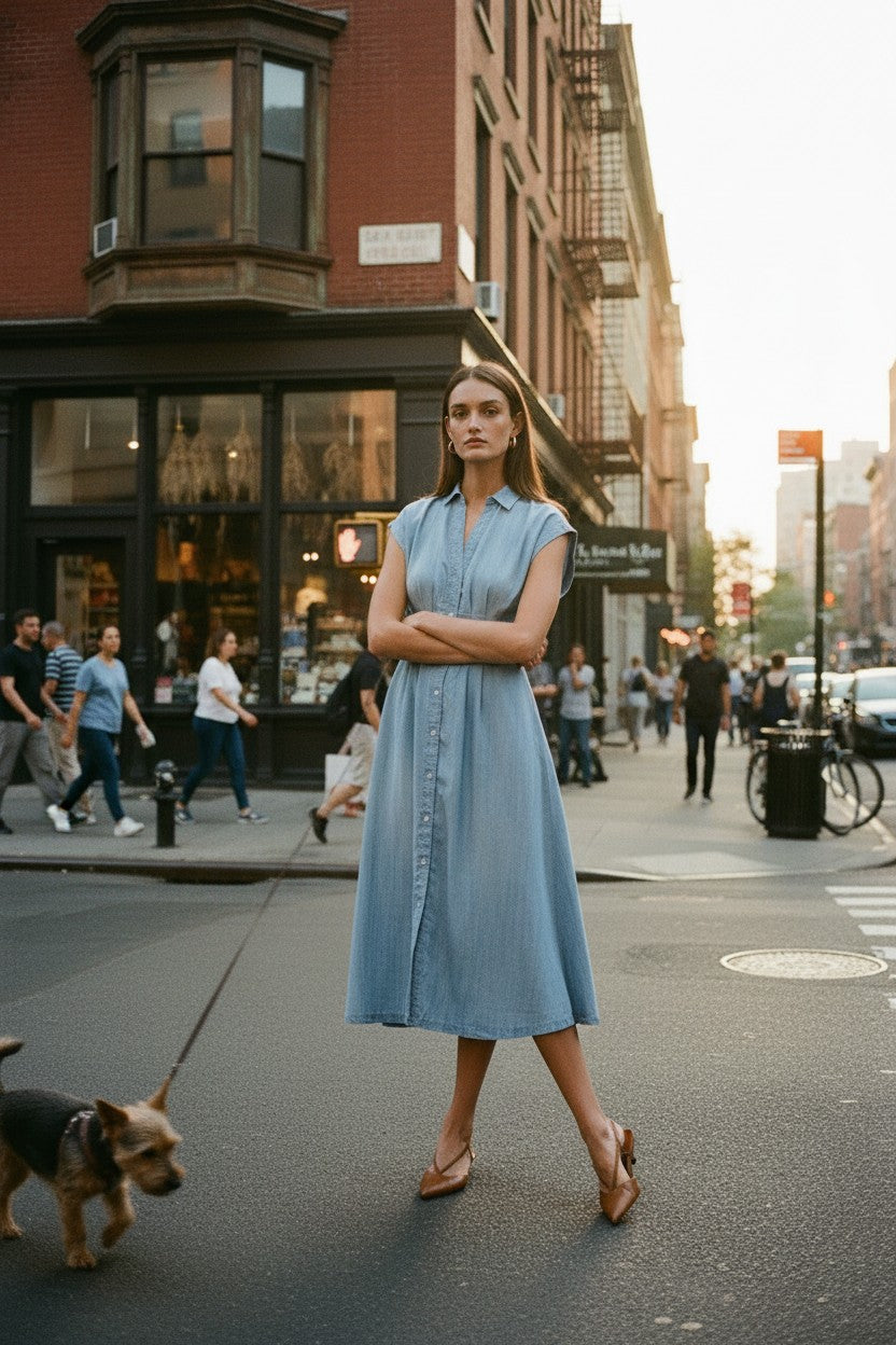 [AI-GEN] Elan Denim Cap Sleeve Midi Dress