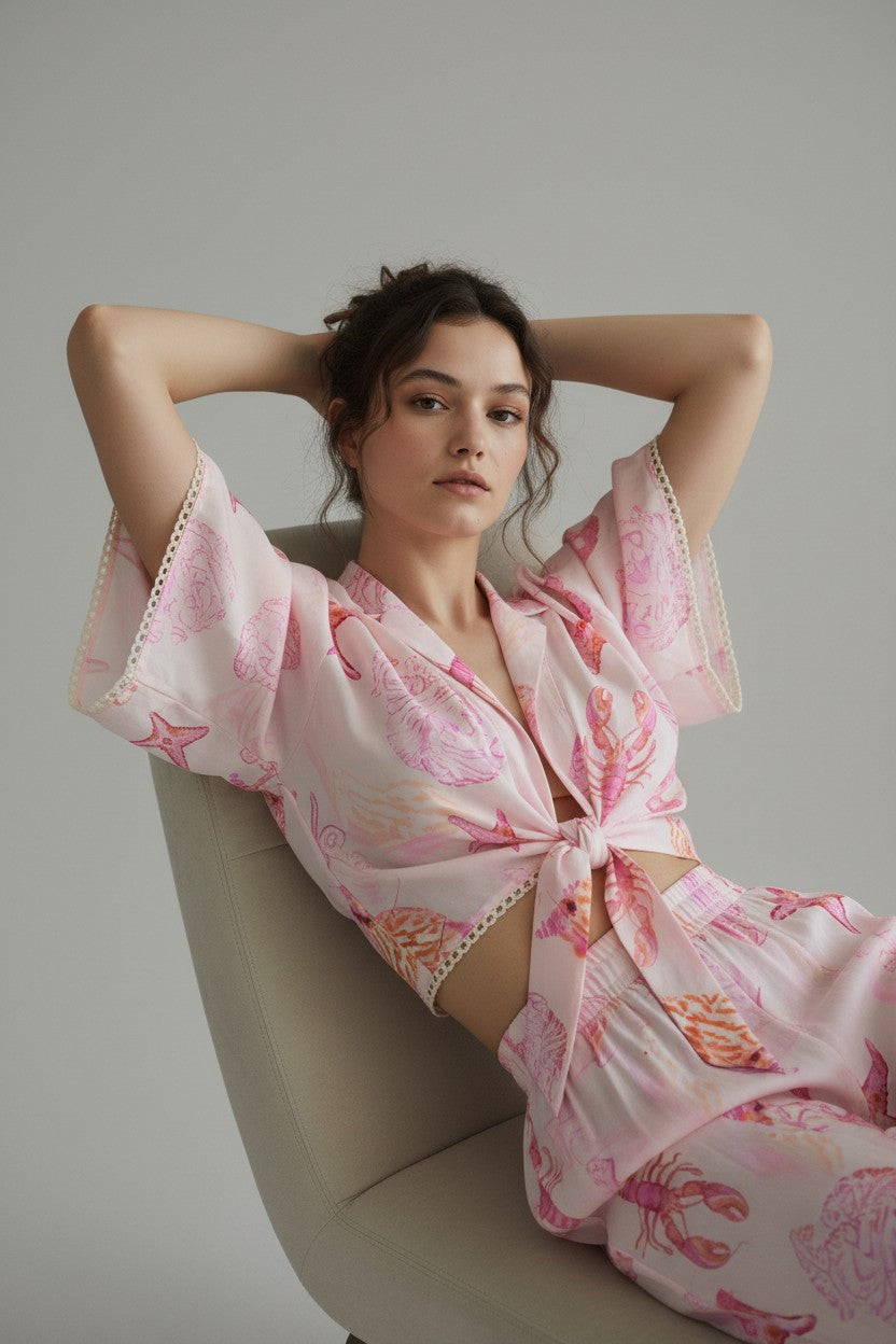 [AI-GEN] Surf Gypsy Crepe Tie Front Top