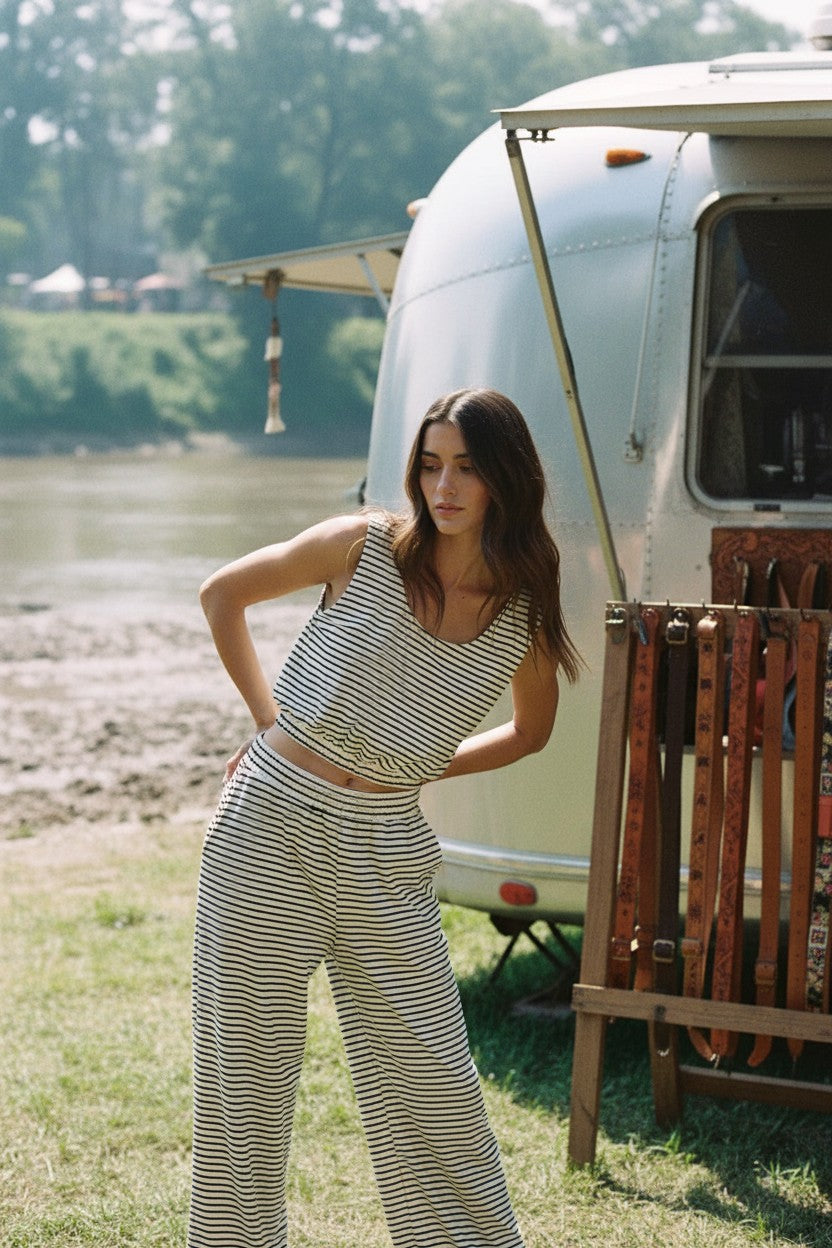 [AI-GEN] Vintage Havana Striped French Terry Cloth Top