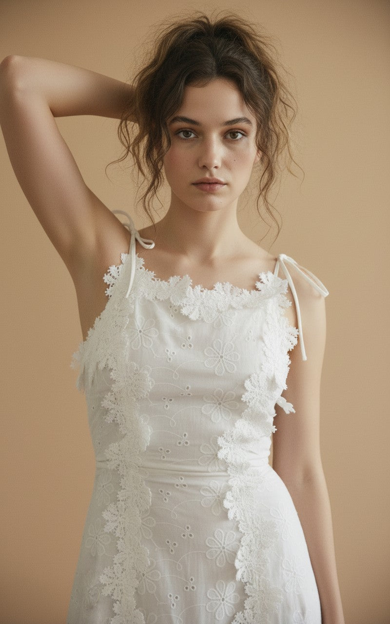 [AI-GEN] Floral Detail Embroidery Eyelet Laced Up Maxi Dress