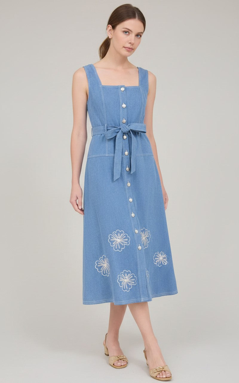 [AI-GEN] Zoe and Claire Sleeveless Denim Dress with Embriodery