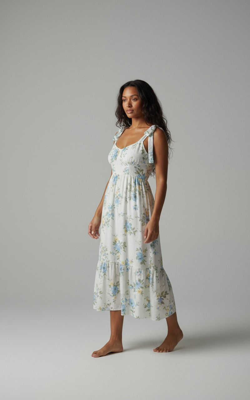 [AI-GEN] Floral Tie Strap with Scallop Lace Trim Midi Dress