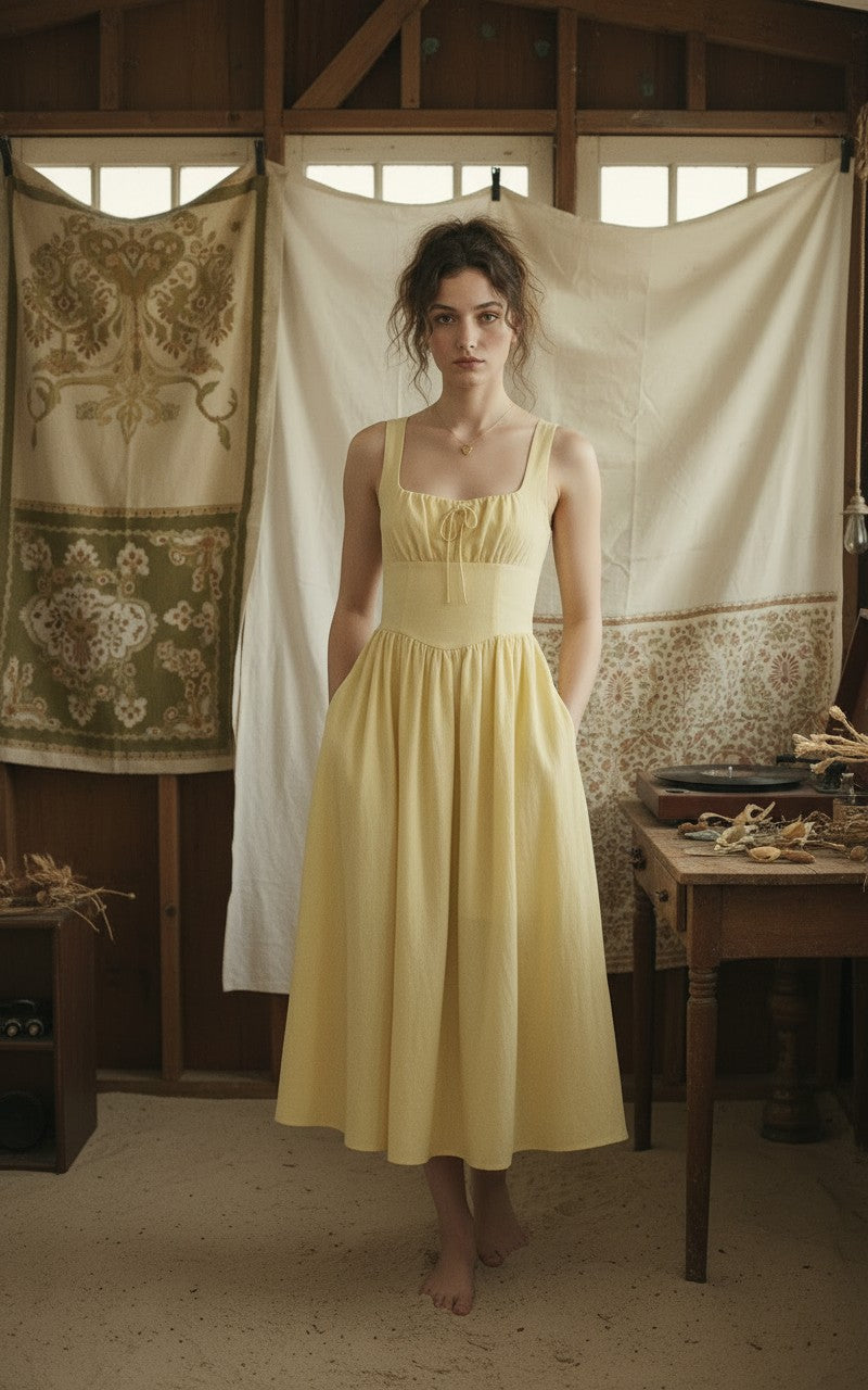 [AI-GEN] Square Neck Front Tie Corset Detail Midi Dress