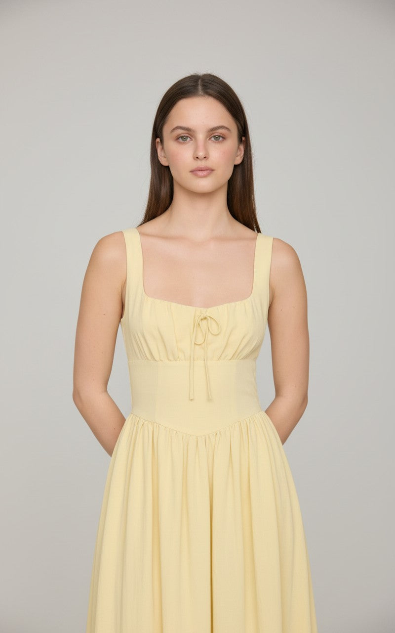 [AI-GEN] Square Neck Front Tie Corset Detail Midi Dress