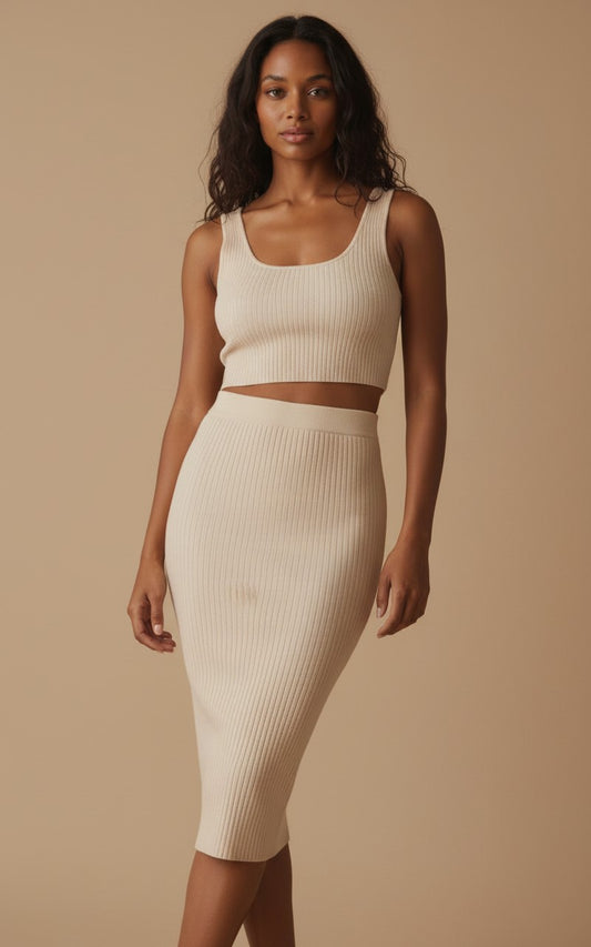 [AI-GEN] Knitted One Shoulder Crop Top and Midi Skirt Set